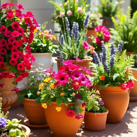 Kompozycje kwiatowe w donicach na taras